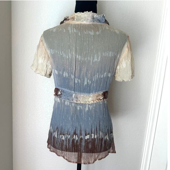 Y2K fairy silk babydoll top, BCBGMAXAZRIA, fall whimsical blue/brown/gold, Small - Picture 2 of 6